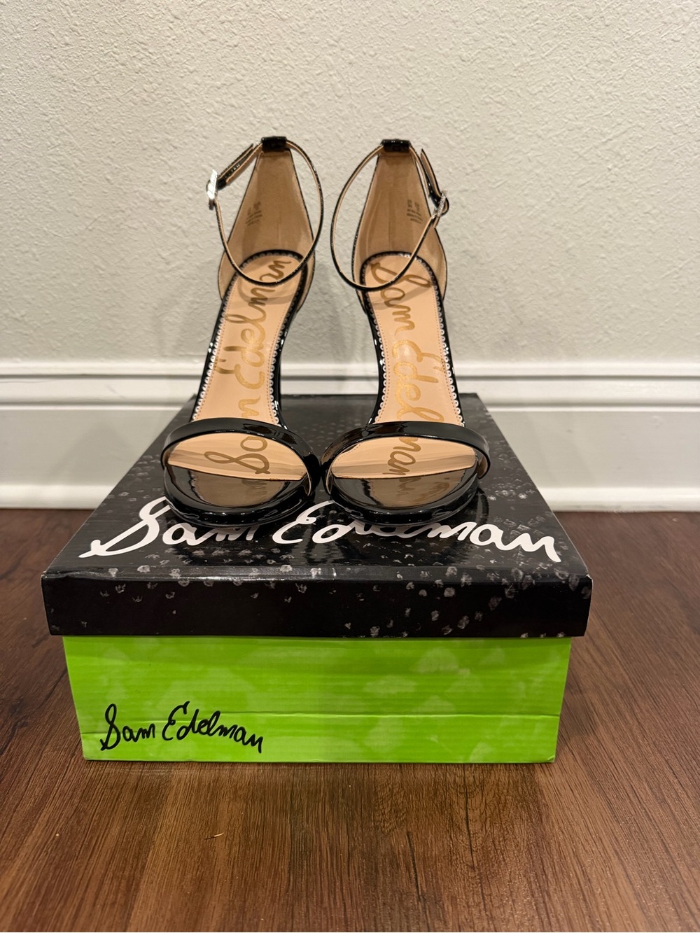Sam Edelman Black Patent Ankle-Strap Heeled Sandals